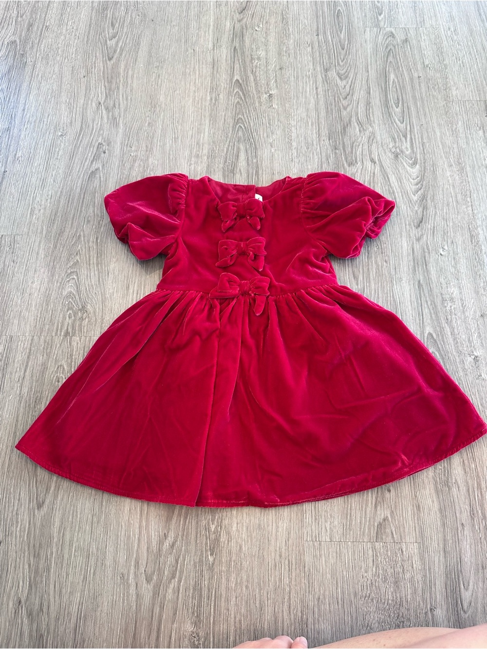 Janie and Jack Red Velvet Puff Sleeve Dress with Bows - Size 3